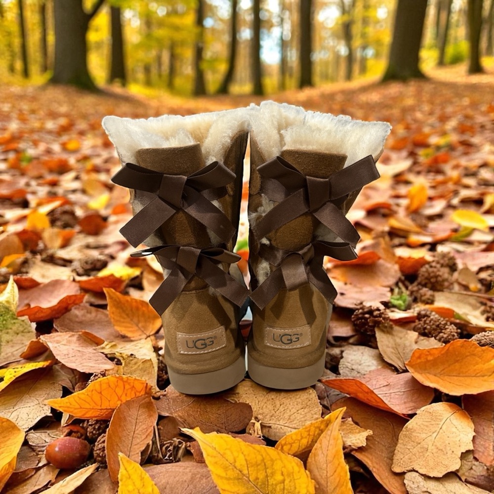 UGG Tan Shearling Boots with Dark Bows